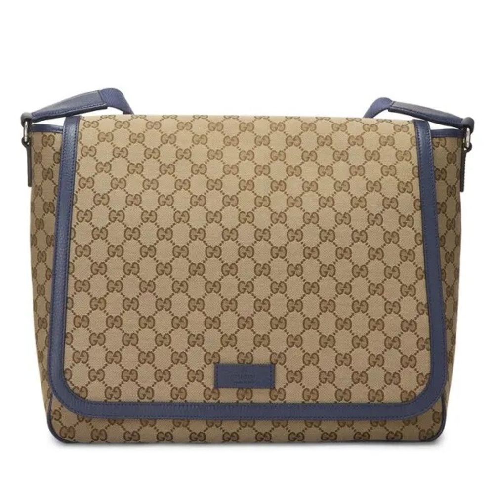 Gucci Original GG monogram Canvas Diaper Bag In Blue trim leather